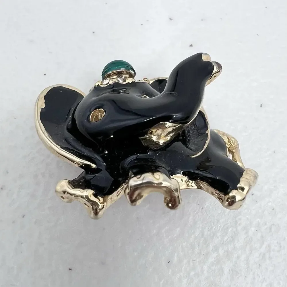 Vintage Unique Circus Elephant Gold Tone & Black Enamel Rhinestone Pin Brooch